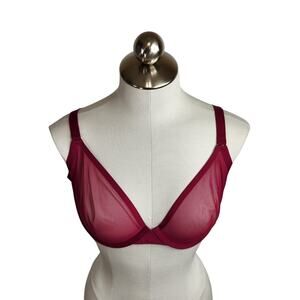 Cuup The‎ Plunge Bra Size 34F Red Sheer Mesh Underwire Deep V Silhouette